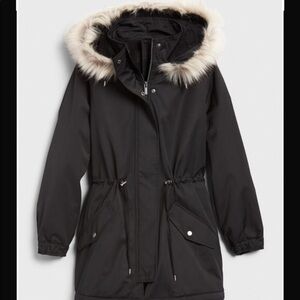 Banana Republic XXL Black Hooded Parka with Faux Fur Trim Coat